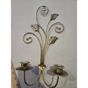 Home Interior Wall Sconce Double Candle Holder Brass Leaf Goldtone 14.5” Vintage